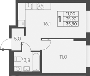 1-комн., 35.9 м², 1/15 этаж, ЖК «Барса»