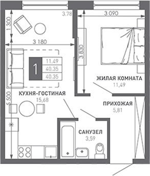 1-комн., 41.7 м², 6/9 этаж, ЖК «Иначе в Молодежном»