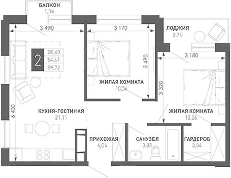 2-комн., 54.57 м², 3/18 этаж, ЖК «Иначе в Молодежном»