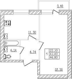 Продается 1-комн. квартира, 41.02 м²