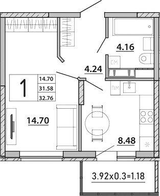 1-комн., 31.58 м², 1/8 этаж, ЖК «Любимый дом. СЗ СтройГрупп»