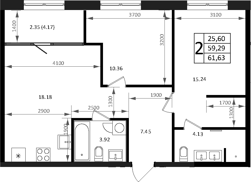 3-комн., 59.28 м², 3/16 этаж, ЖК «Патрики»