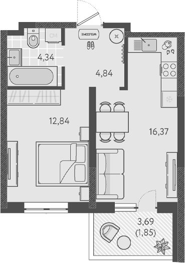 1-комн., 38.39 м², 1/18 этаж, ЖК «Теплые края»