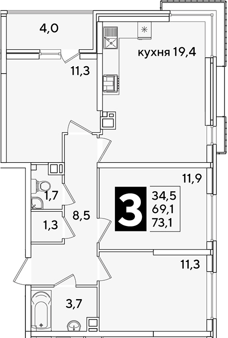 4+ комнаты, 69.1 м², 6/16 этаж, ЖК «Самолет»