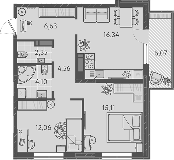 3-комн., 61.15 м², 16/18 этаж, ЖК «Теплые края»