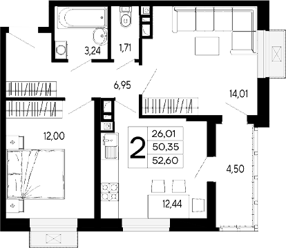 2-комн., 50.35 м², 6/16 этаж, ЖК «Эпос»