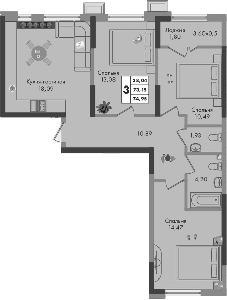 3-комн., 73.15 м², 9/9 этаж, ЖК «Зеленая территория»