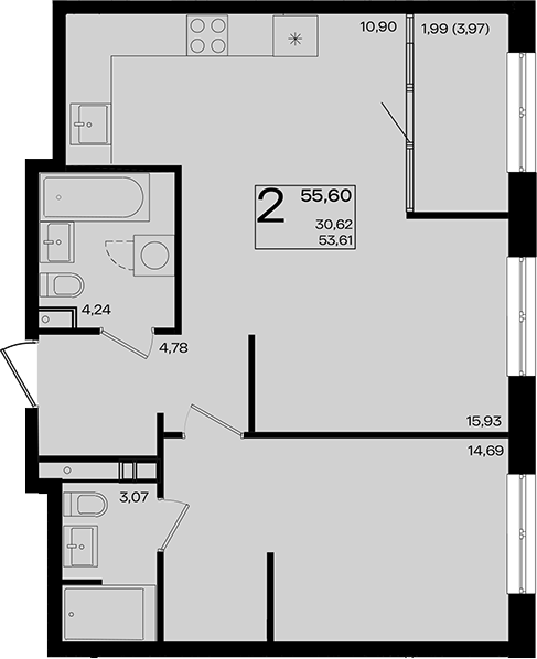2-комн., 53.61 м², 16/18 этаж, ЖК «Патрики»