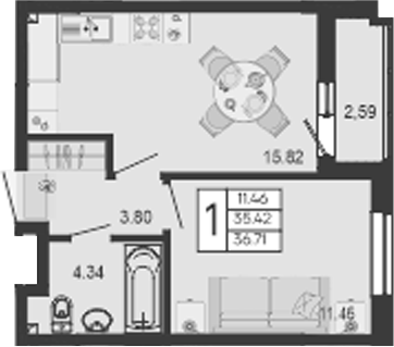Продается 1-комн. квартира, 35.41 м²
