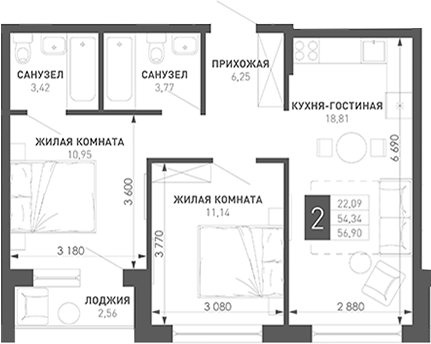 Продается 2-комн. квартира, 57 м²