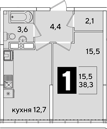 1-комн., 38.3 м², 16/16 этаж, ЖК «Самолет»