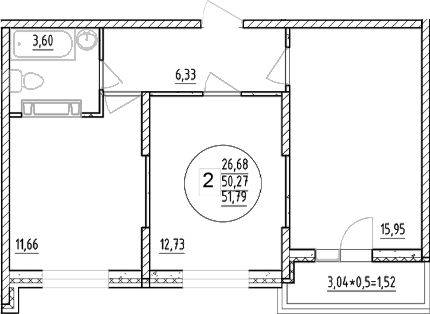 2-комн., 50.27 м², 7/12 этаж, ЖК «Друг»