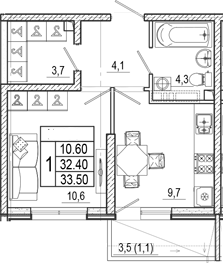 1-комн., 32.4 м², 1/17 этаж, ЖК «Лестория»