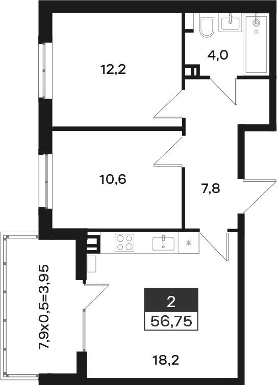 2-комн., 52.8 м², 3/4 этаж, ЖК «Новая Елизаветка»
