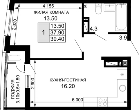 2-комн., 37.9 м², 17/18 этаж, ЖК «Фонтаны»