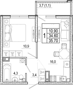 2-комн., 34.6 м², 13/17 этаж, ЖК «Лестория»