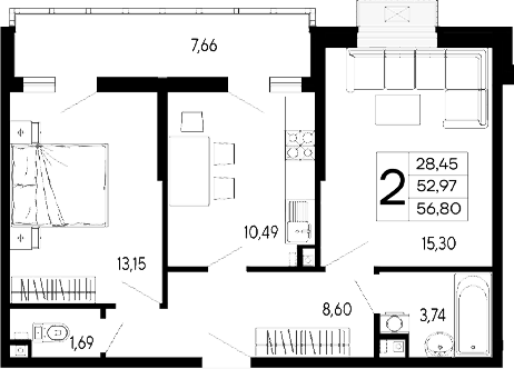 Продается 2-комн. квартира, 52.97 м²