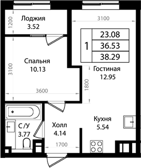2-комн., 36.28 м², 16/18 этаж, ЖК «Патрики»