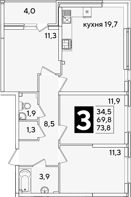 4+ комнаты, 69.8 м², 2/16 этаж, ЖК «Самолет»