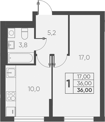 1-комн., 36 м², 1/15 этаж, ЖК «Барса»