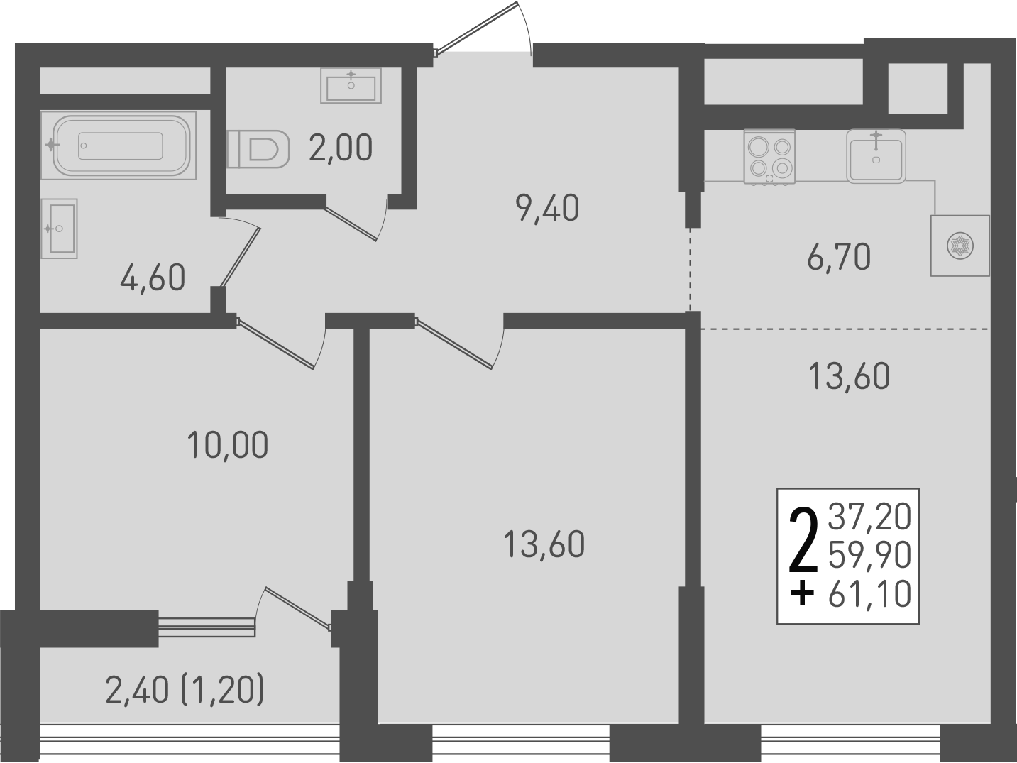 3-комн., 60.8 м², 1/8 этаж, ЖК «Югге»
