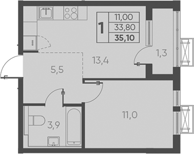 Продается 1-комн. квартира, 35.1 м²