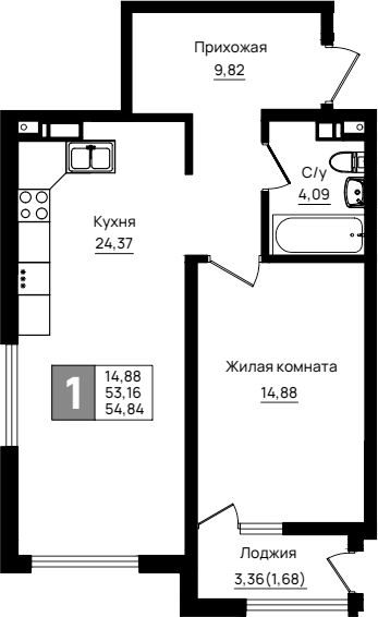 1-комн., 53.16 м², 3/9 этаж, ЖК «Резиденция морей»