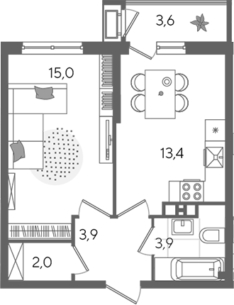 1-комн., 38.2 м², 9/24 этаж, ЖК «Рекорд»