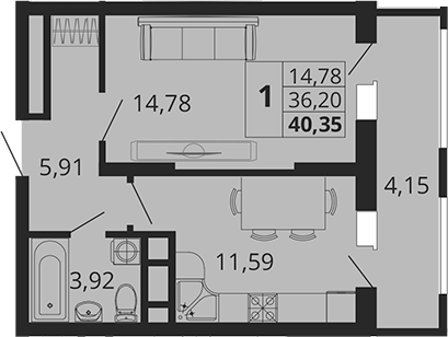 1-комн., 36.2 м², 2/18 этаж, ЖК «Родные Просторы»
