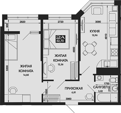 2-комн., 52.7 м², 11/12 этаж, ЖК «Вершины. ГК Смена»