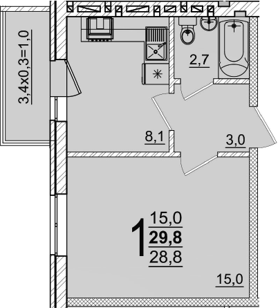 1-комн., 28.8 м², 5/5 этаж, ЖК «Дарград»