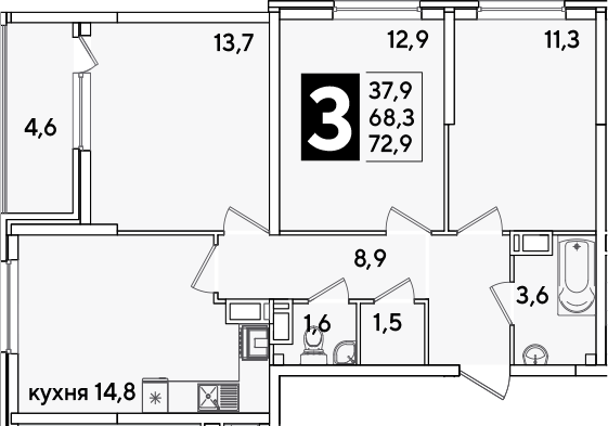 3-комн., 68.3 м², 12/16 этаж, ЖК «Самолет»