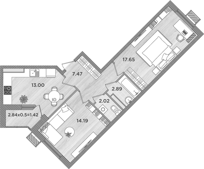 2-комн., 57.22 м², 7/8 этаж, ЖК «Сады у моря»