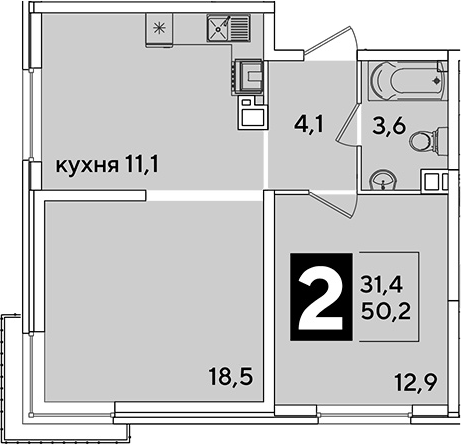 2-комн., 50.2 м², 3/16 этаж, ЖК «Самолет»