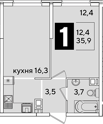 2-комн., 35.9 м², 6/16 этаж, ЖК «Самолет»