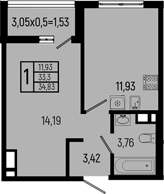 1-комн., 33.3 м², 9/9 этаж, ЖК «Ботаника Хиллс»
