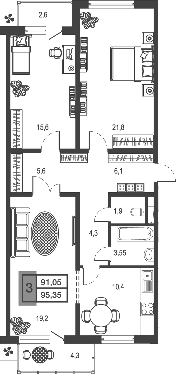 3-комн., 88.46 м², 2/23 этаж, ЖК «Дом у озера»