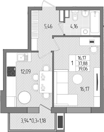 1-комн., 37.88 м², 2/8 этаж, ЖК «Сады у моря»