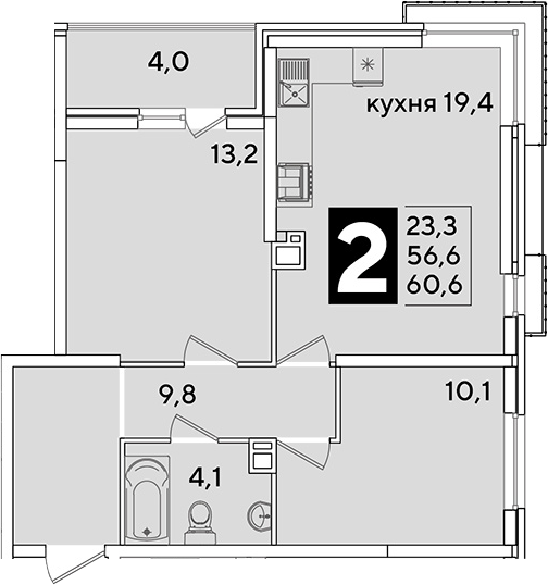 3-комн., 56.6 м², 9/16 этаж, ЖК «Самолет»