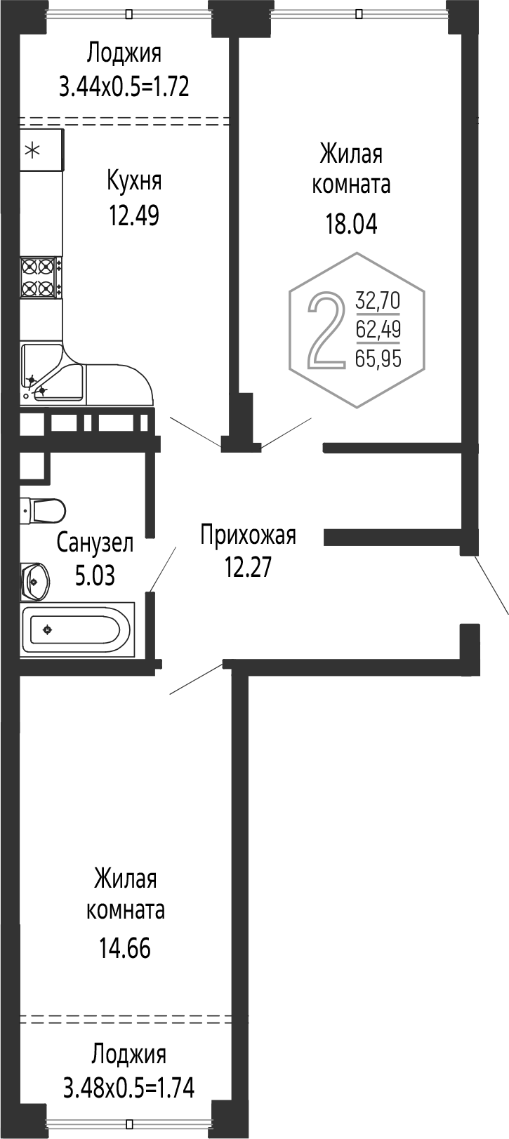 2-комн., 62.49 м², 4/24 этаж, ЖК «Гарантия PRIME»