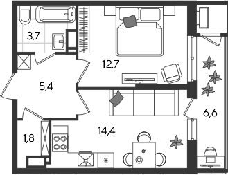1-комн., 38 м², 24/24 этаж, ЖК «Рекорд»