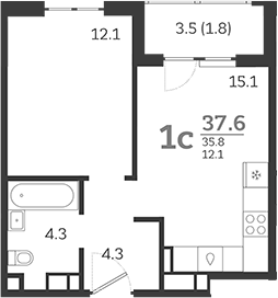 2-комн., 35.8 м², 21/24 этаж, ЖК «Все Свои VIP»