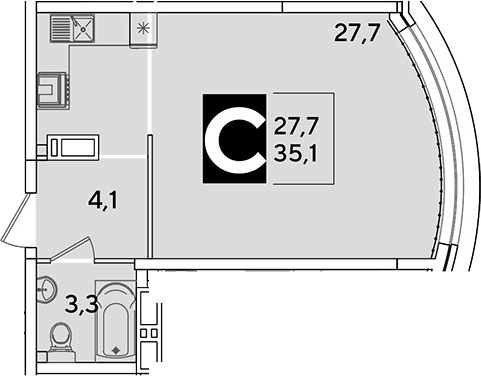 Студия, 35.1 м², 11/16 этаж, ЖК «Самолет»