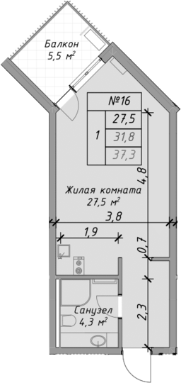 Студия, 31.8 м², 1/4 этаж, ЖК «Оазис Азова»