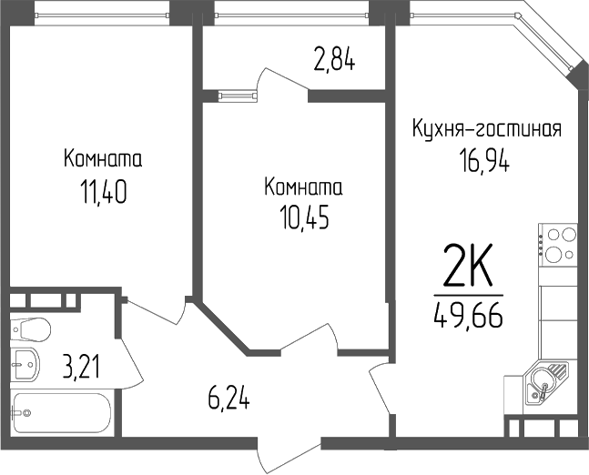 2-комн., 48.24 м², 11/14 этаж, ЖК «Портрет 2»