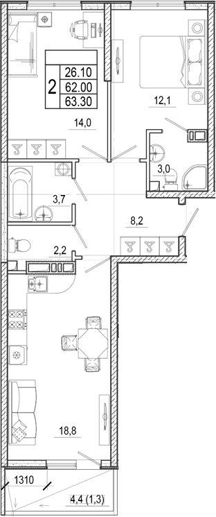 3-комн., 62 м², 3/17 этаж, ЖК «Лестория»