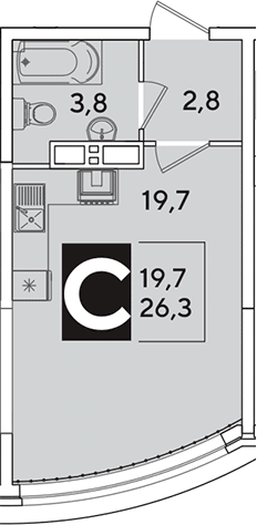 Студия, 26.3 м², 12/16 этаж, ЖК «Самолет»