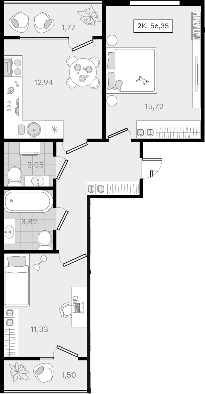 2-комн., 53.08 м², 2/8 этаж, ЖК «История 3»