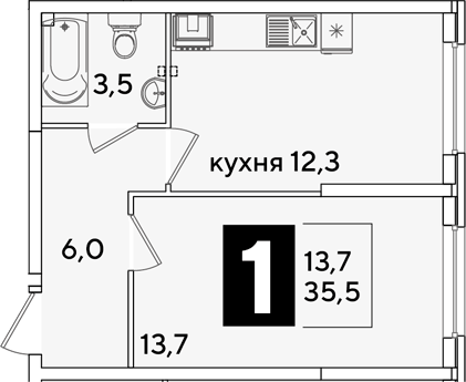 1-комн., 35.5 м², 1/16 этаж, ЖК «Самолет»