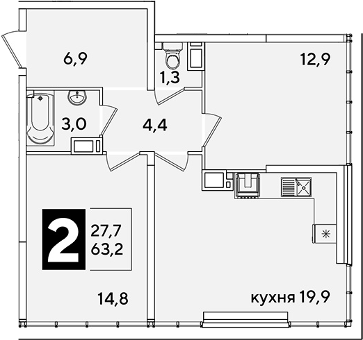3-комн., 63.2 м², 16/16 этаж, ЖК «Самолет»